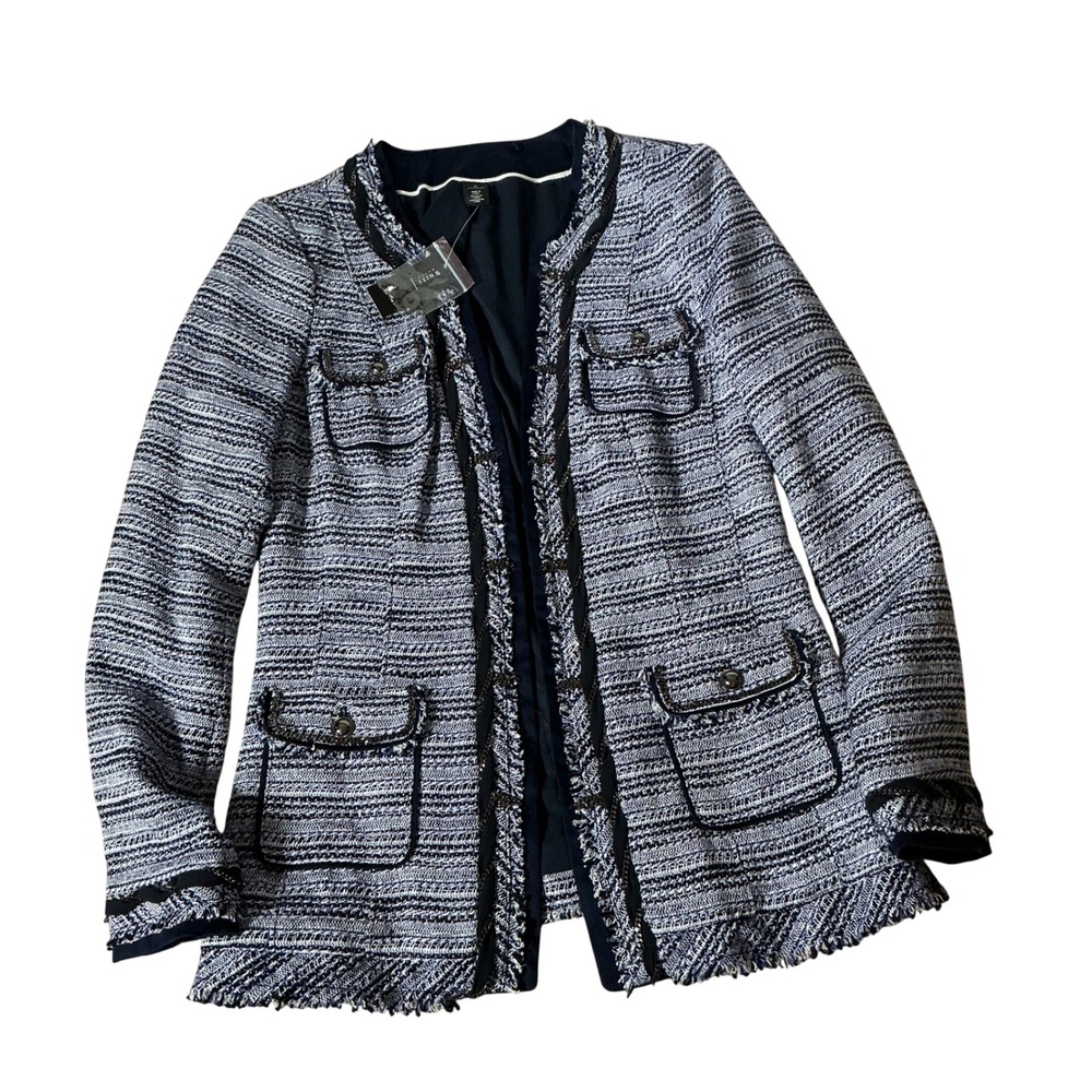 White House Black Market Tweed Old Money Jacket Womens 10 Navy Chain Trim NEW